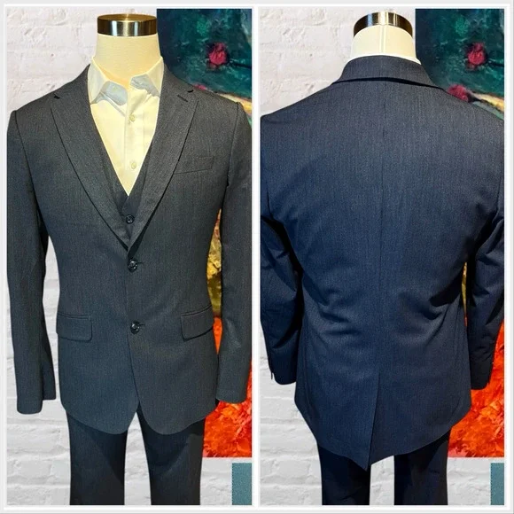 Perry Ellis 3 Piece Suit 44R 38x31.5 Navy Blue and White Textured Look - Picture 9 of 16